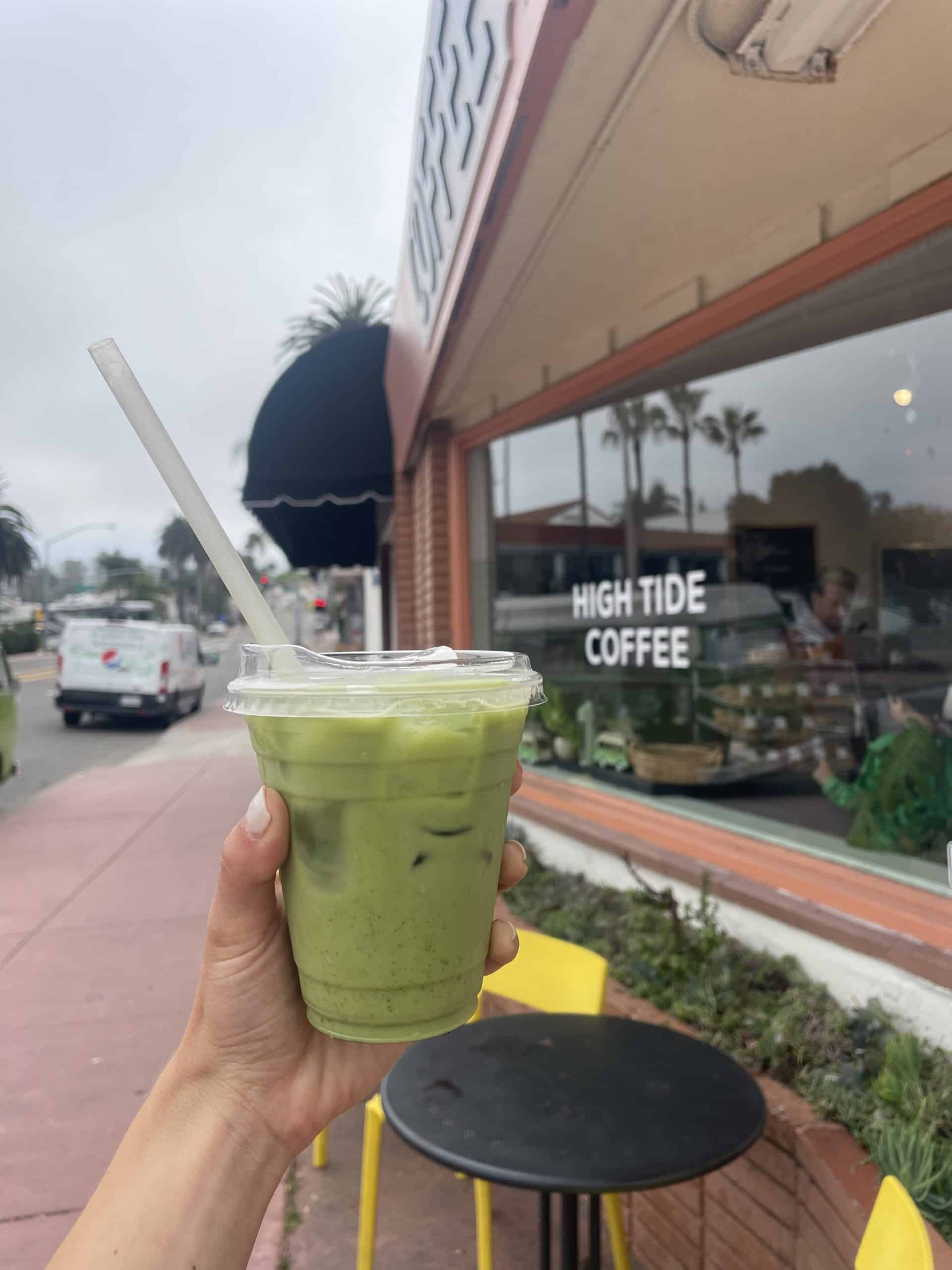 Iced matcha latte in front of coffee shop in San Clemente